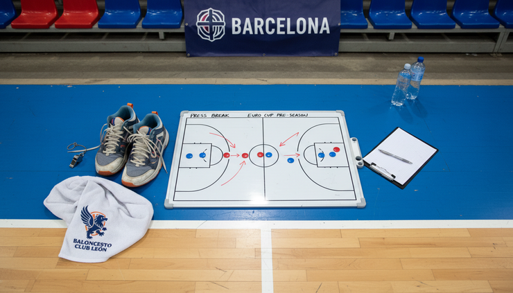 Fugleperspektiv av en taktisk tavle og basketballsko ved sidelinjen