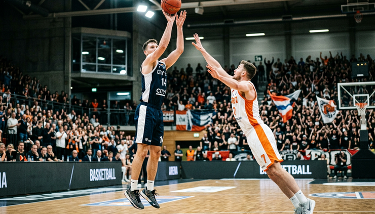 Low-angle view of a basketball player shooting a three-pointer