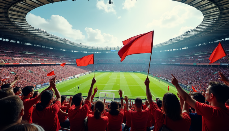 High angle view of a packed stadium with fans waving flags during a Champions League match