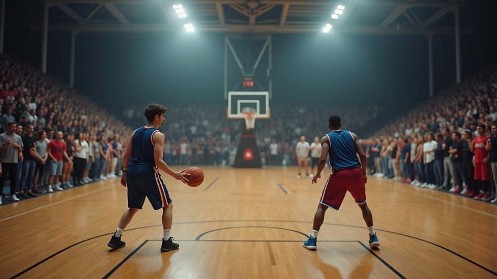 Basketballkamp med publikum i bakgrunnen