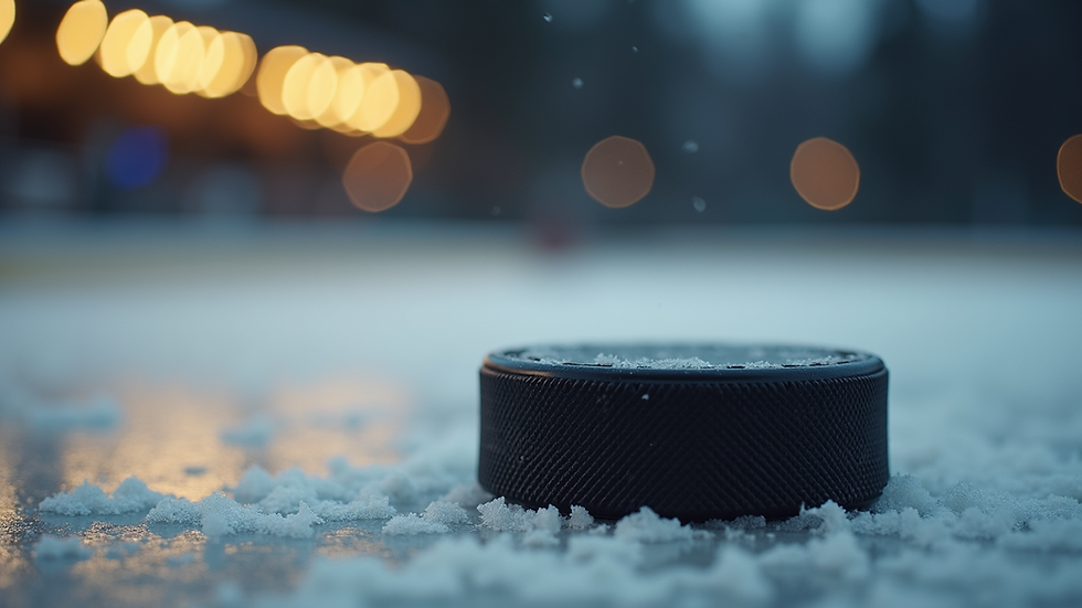 Nærbilde av ishockeypuck på isen med kølle i bakgrunnen