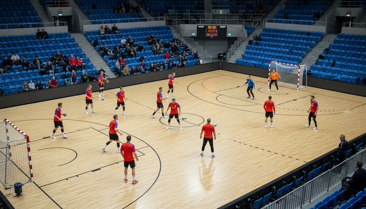 Skrått tribuneutsnitt av spillere som varmer opp før en håndballkamp