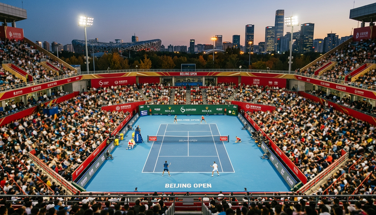 Wide-angle view of en opplyst hardcourtbane i Beijing med tribuner og kveldshimmel.