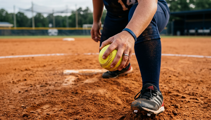 Close-up of a softball pitcher gripping the ball before a pitch on clay infield