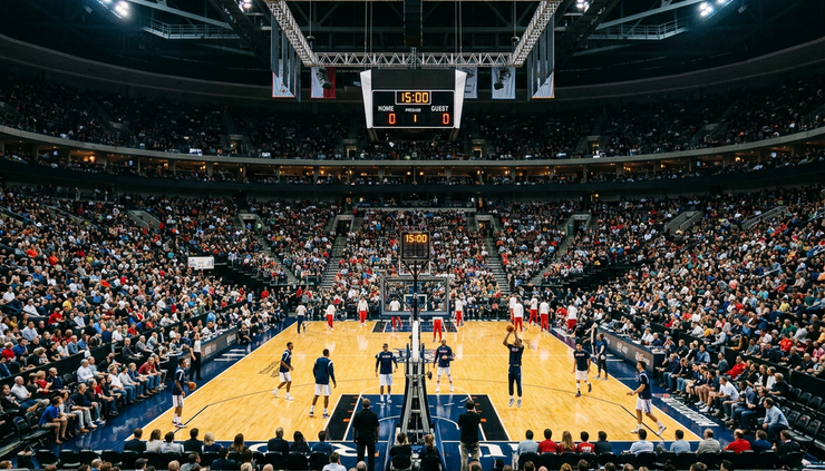 Wide-angle view of a packed basketball arena before an NBA preseason game.