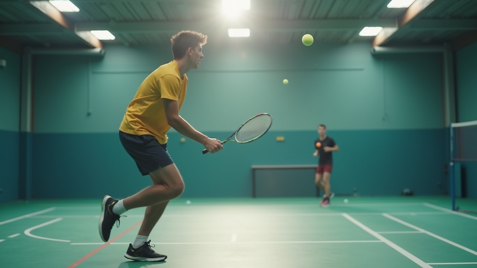Nærbilde av intens badmintonkamp med fjærball i luften
