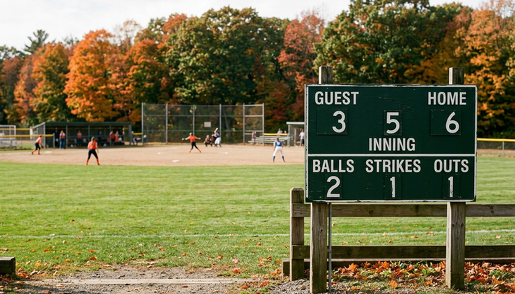 Eye-level view of a softball scoreboard beside a field during an autumn game