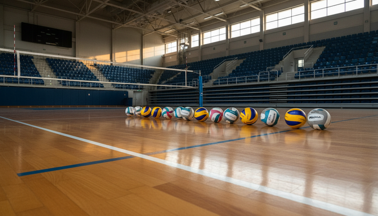 Vidvinkelbilde av en volleyballbane før kampstart med baller langs sidelinjen