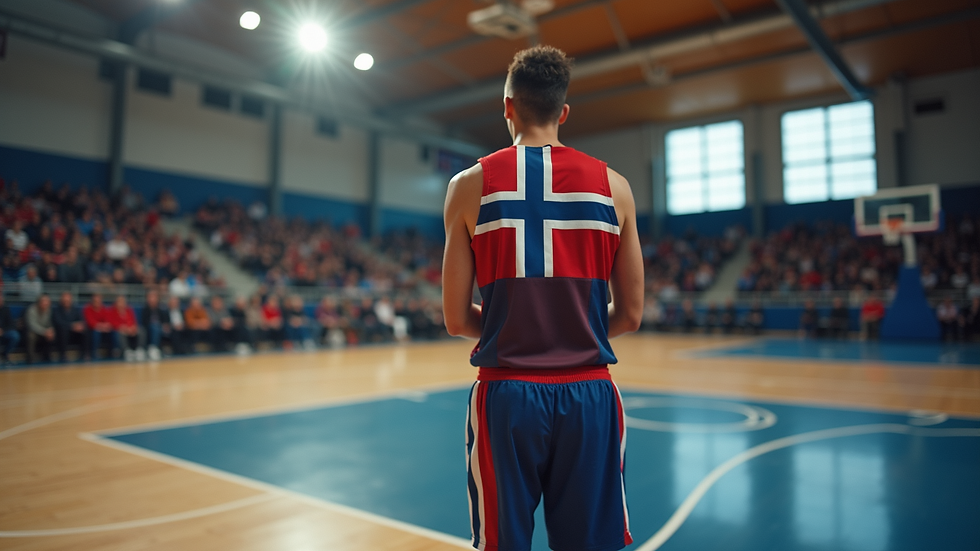 Nærbilde av basketballbane med norsk flagg i bakgrunnen