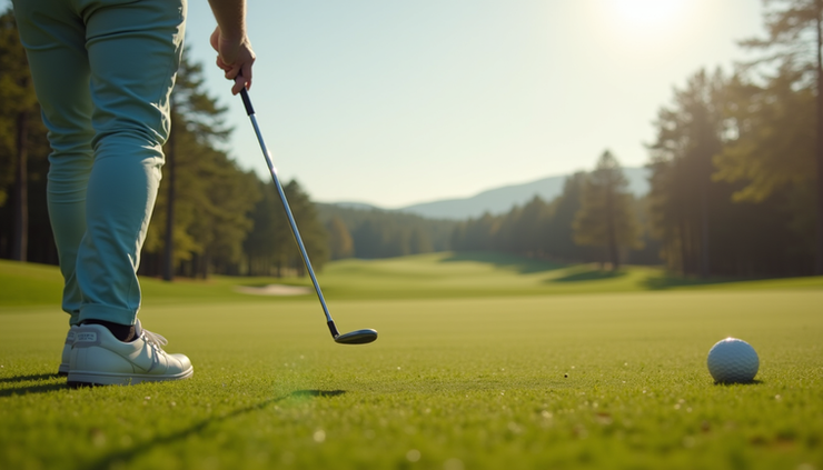 Nærbilde av golfspiller som svinger på en krevende fairway