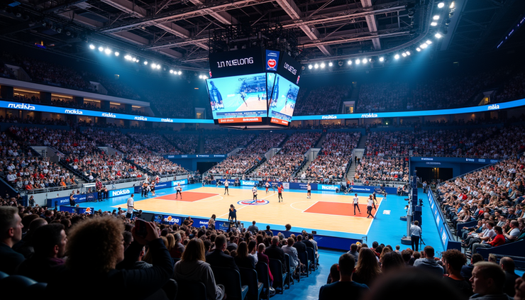 Nokia Arena i Tampere under EuroVolley 2026, med fullt publikum og kamp i gang