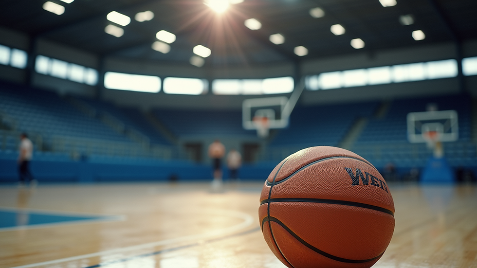 Nærbilde av basketballbane i norsk idrettshall med høstlys