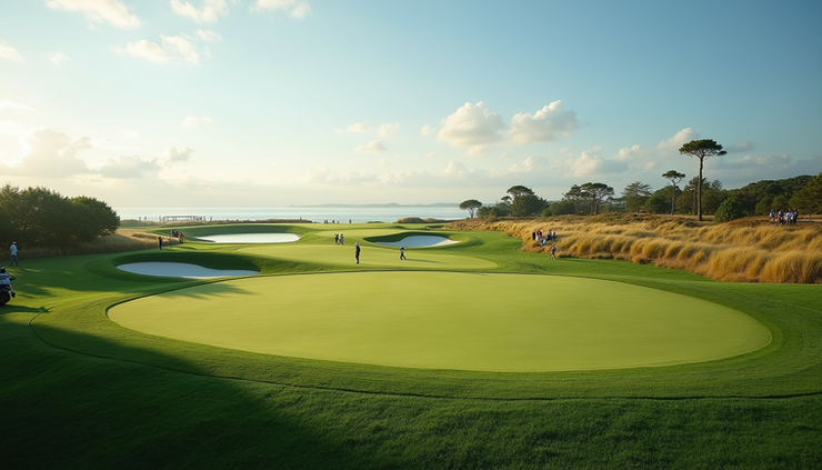 Oversiktsbilde av Trump International Golf Links i Doonbeg med spillere på fairway