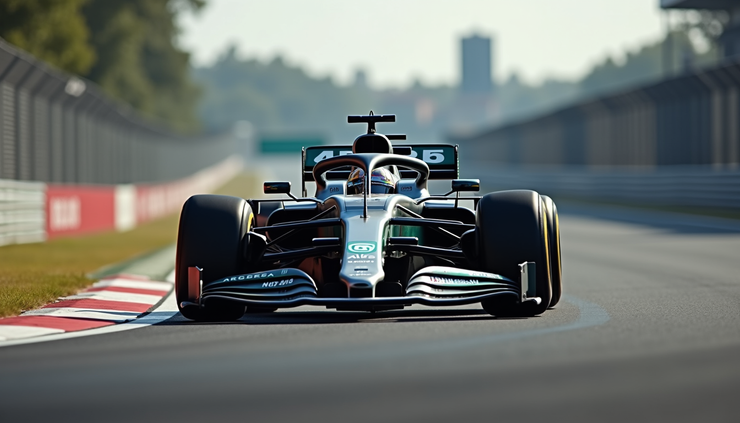 Nærbilde av en Formel 1-bil som kjører gjennom den doserte svingen La Monumental på Madring-banen