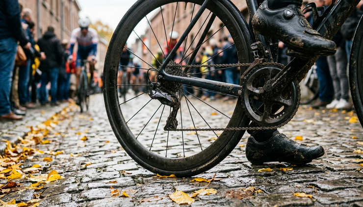 Close-up of a road bicycle wheel on wet autumn cobblestones before a classic race