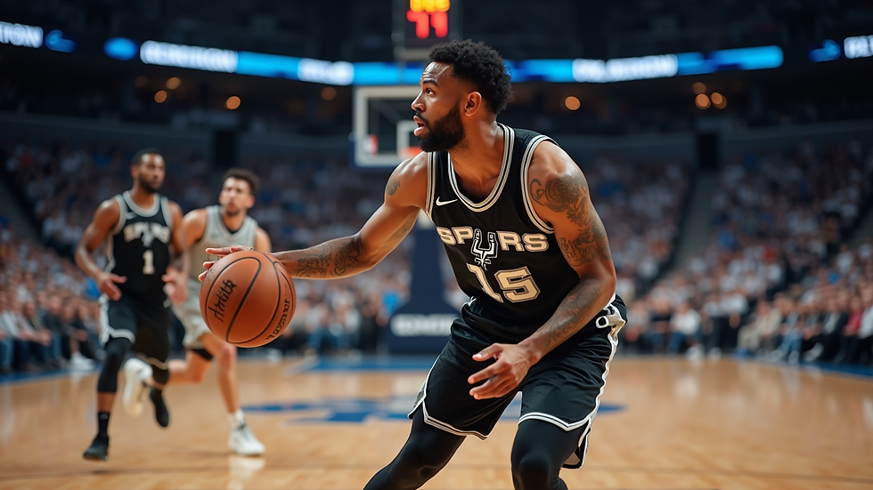 Nærbilde av basketballkamp med intens action mellom San Antonio Spurs og Oklahoma City Thunder