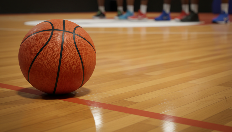 Close-up of a basketball resting near the painted lane on a European court