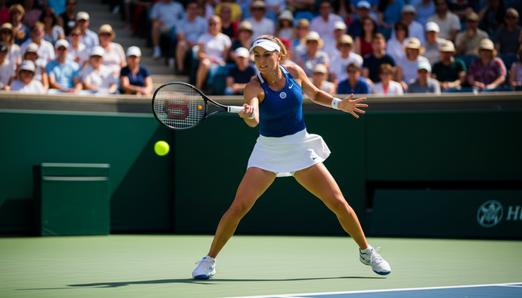 Øyehøyde-bilde av en kvinnelig tennisspiller som returnerer på hardcourt