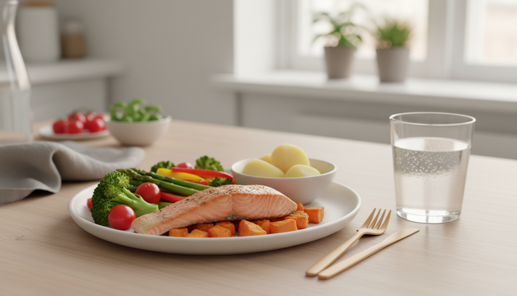 Close-up of a balanced post-workout meal with salmon, potatoes, vegetables and water