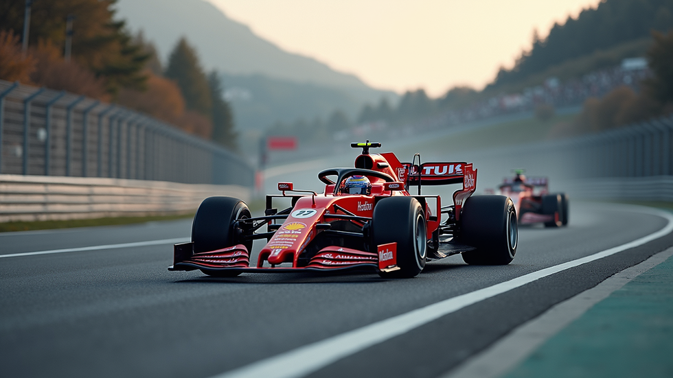 Oversiktsbilde av Formel 1-biler i høy fart på racerbane