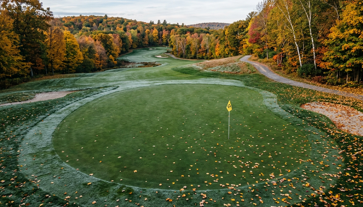 High-angle view of an autumn golf green with a maintenance flag and light frost at the edge