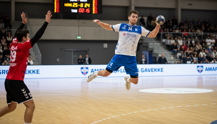 Eye-level view of a handball player preparing a jump shot near the nine-meter line