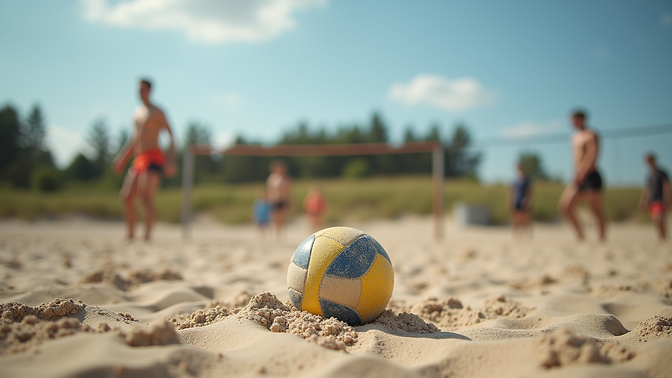 Nærbilde av sandvolleyballkamp i solnedgang på Stare Jabłonki