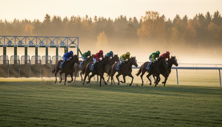Wide-angle view of thoroughbred racehorses breaking from the starting stalls on a green turf track