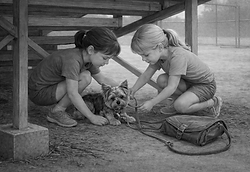 Two young girls standing near a ball field as they gently approach a small brown stray dog.