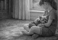 Mary sits quietly with her new puppy, looking out the window and wondering what lies ahead. A gentle reflection on change, growth, and the future.