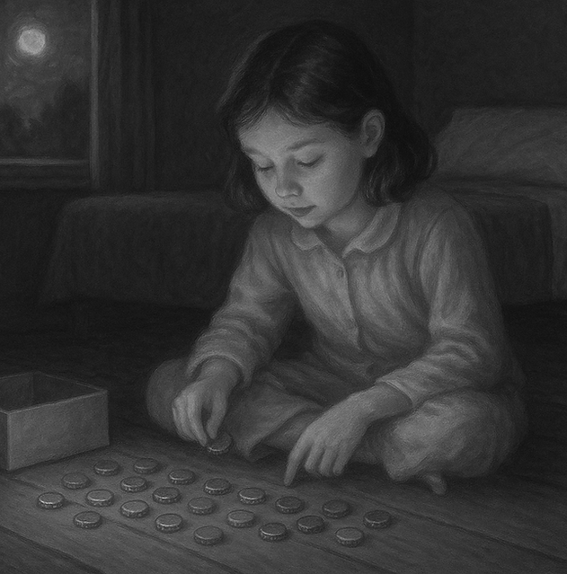 Mary sitting on the floor studying her bottle cap collection, reflecting on memories tied to each one.