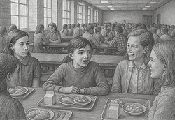 Mary sitting at a school lunch table with friends, smiling and talking together in a warm, supportive moment.