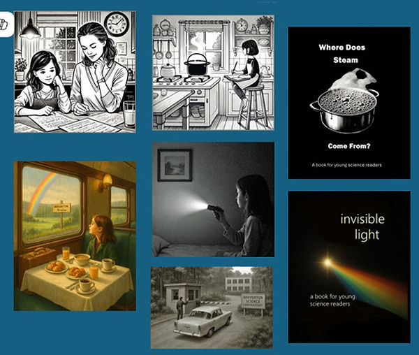 A collage with book covers and examples of illustrations for two books in the Mary Parker Science Adventure Series