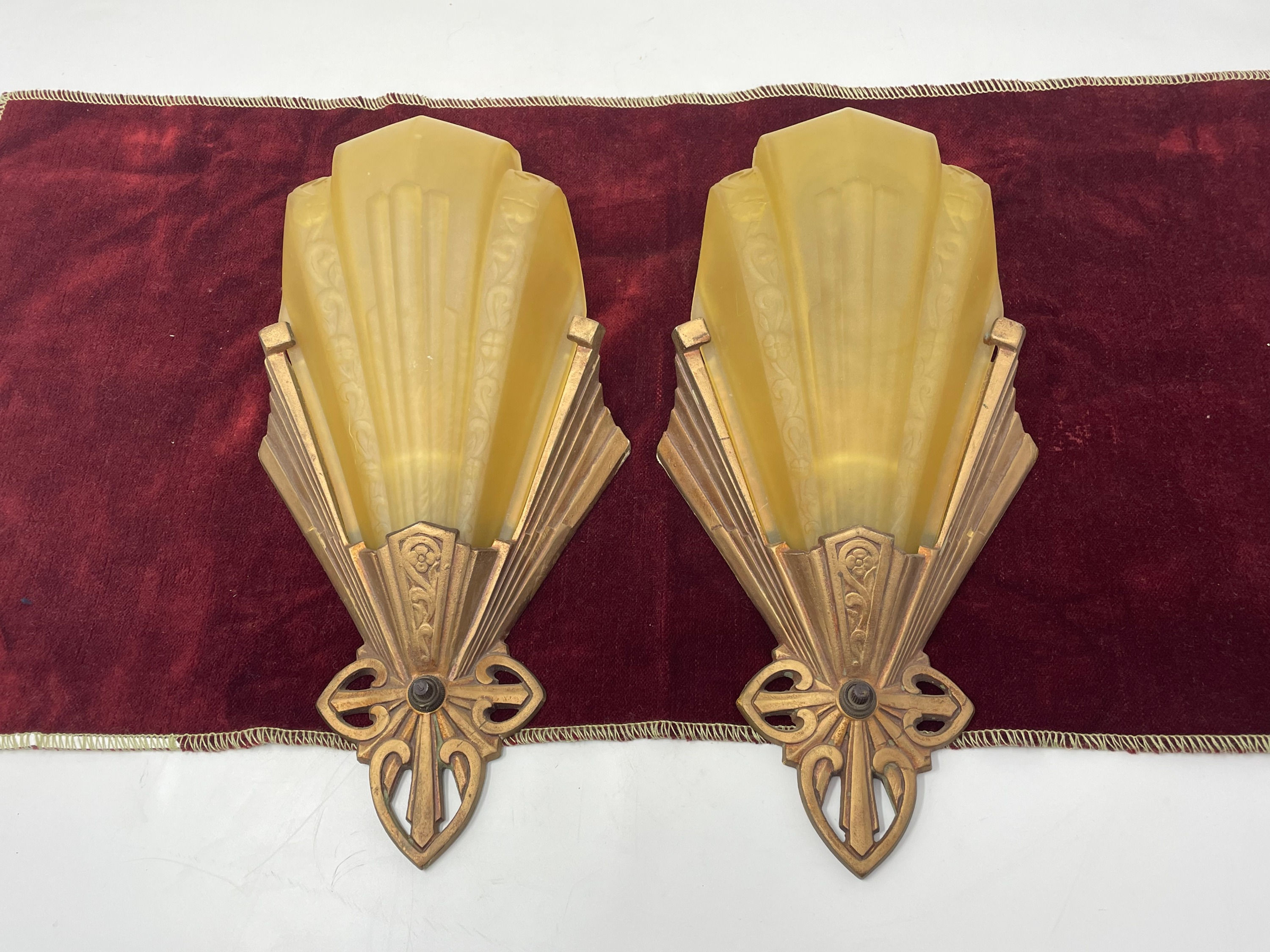 Vintage Pair of Art Deco Slip Shade Wall Sconces - Amber Shade