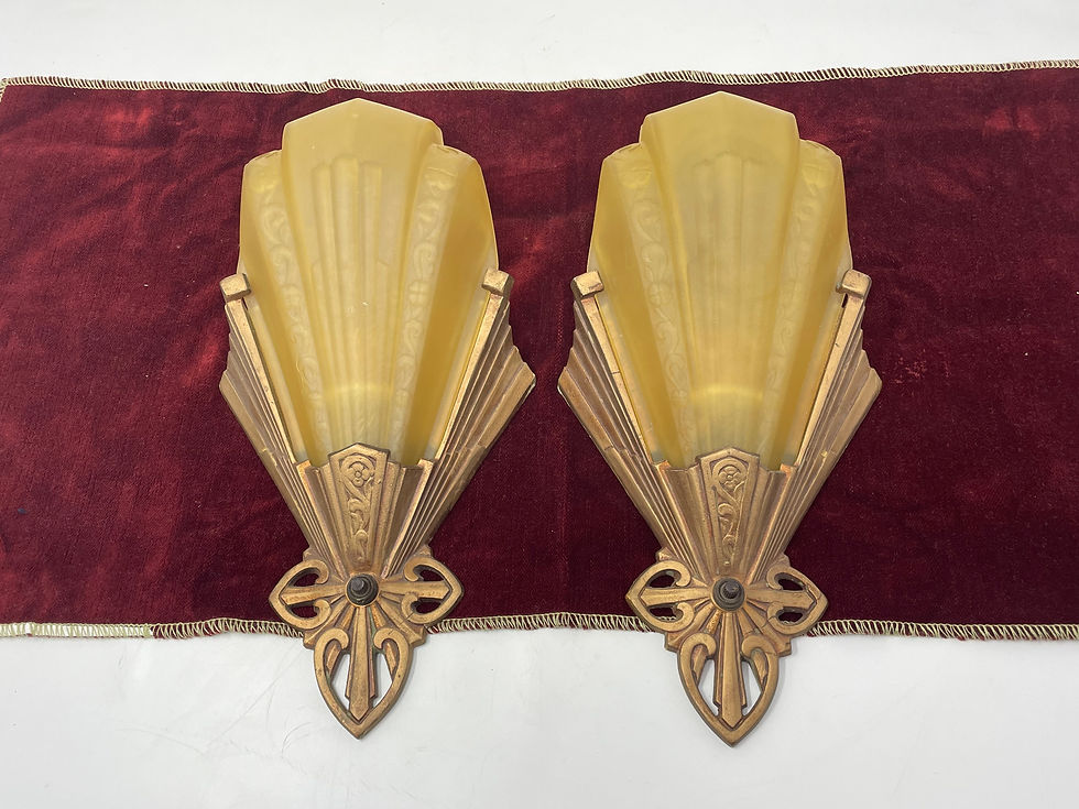 Thumbnail: Vintage Pair of Art Deco Slip Shade Wall Sconces - Amber Shade