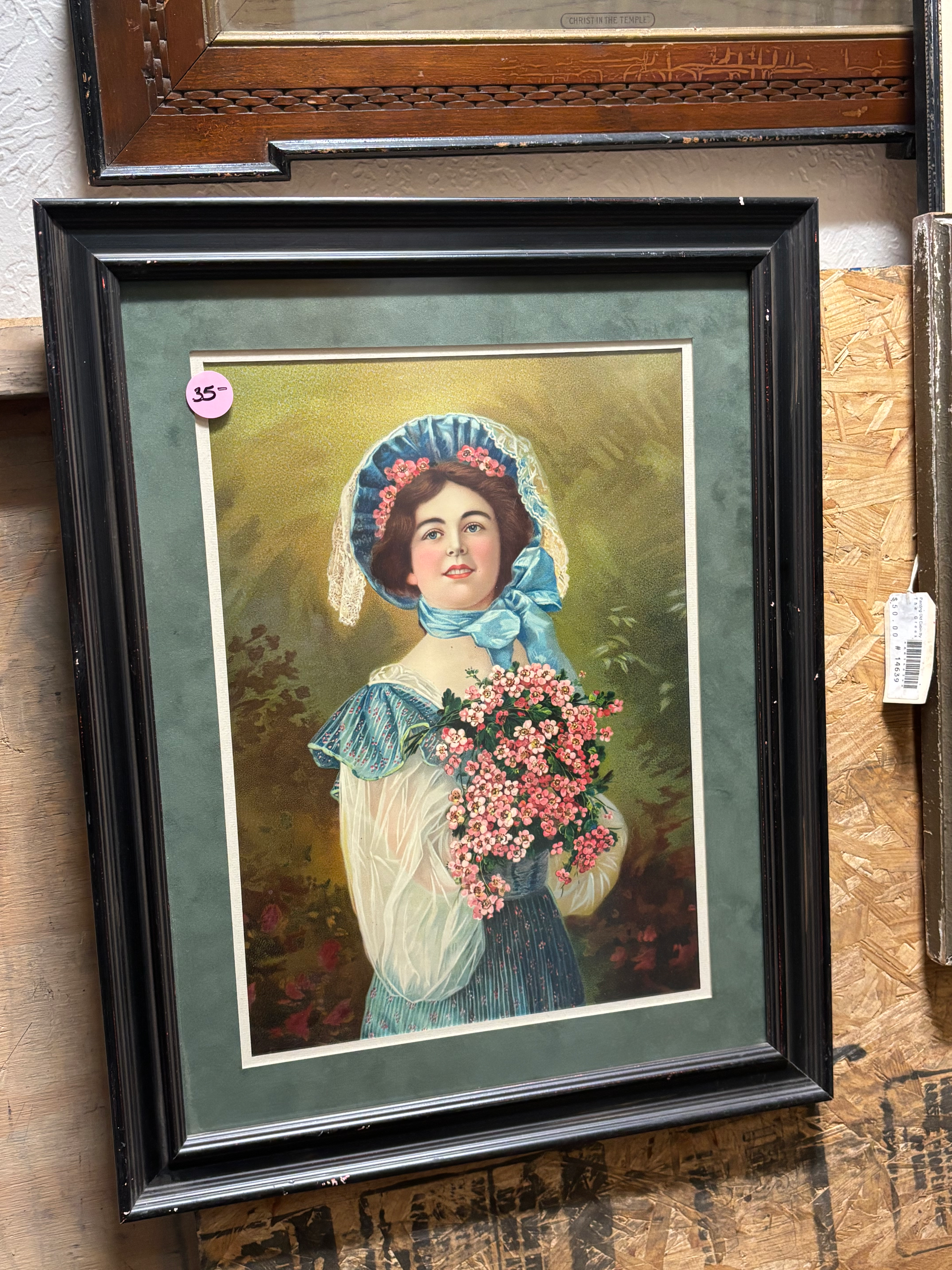 Vintage Print of a Young Woman Holding a Boquet of