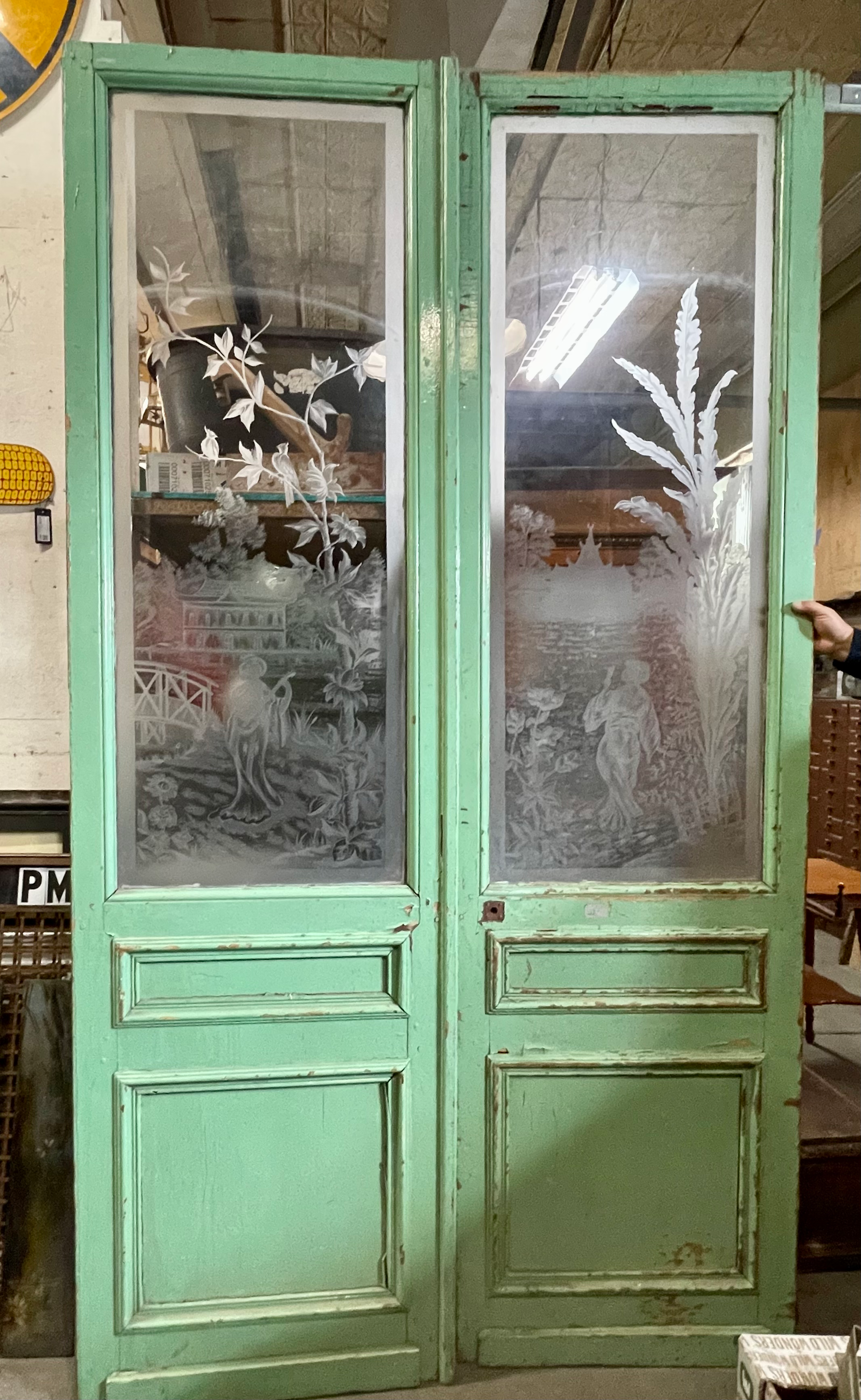 Vintage Pair of Doors - Japanese Scene Etched Glass