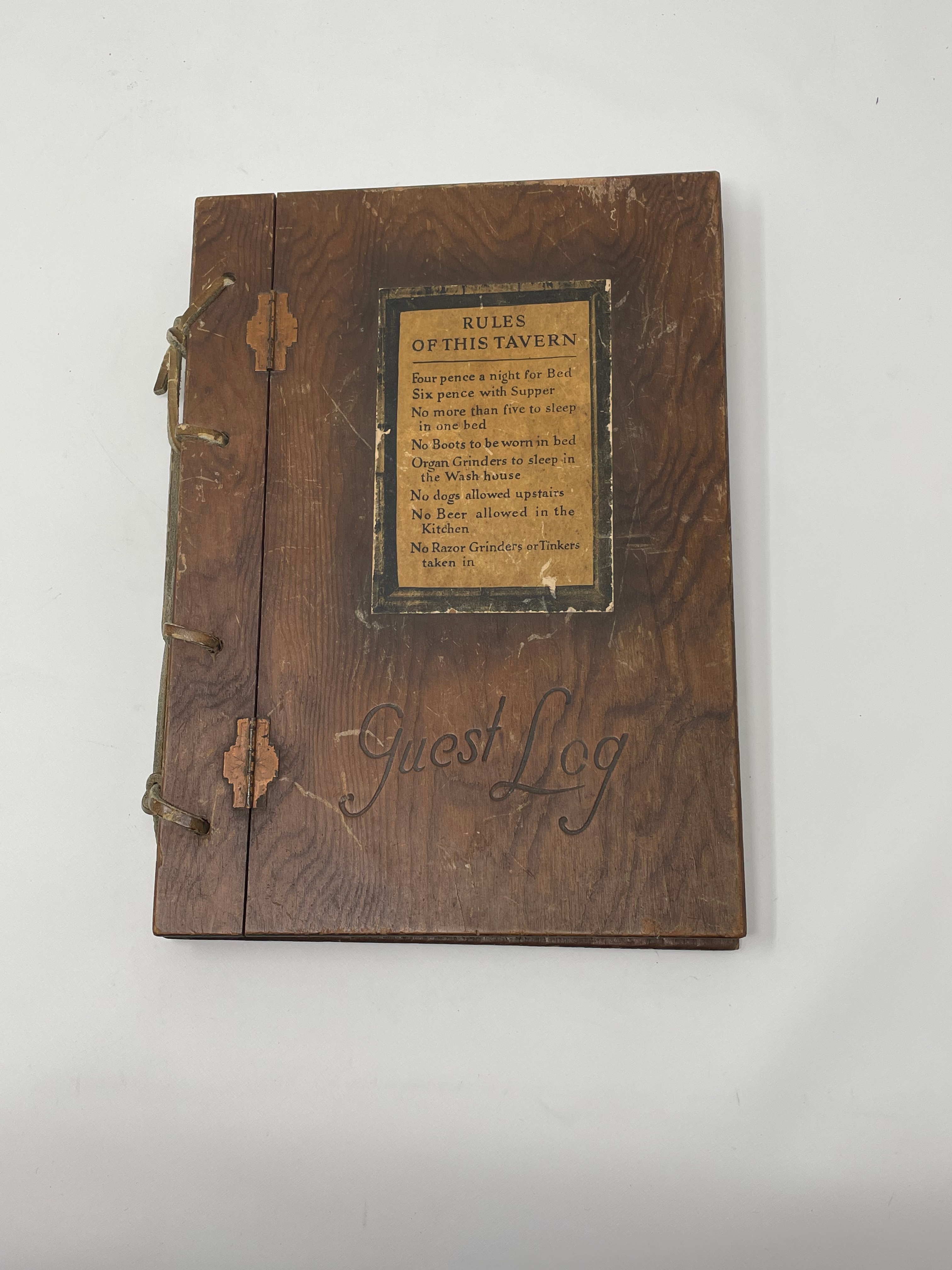 Vintage Guest Log Book with Wooden Cover and Leather Cord Binding