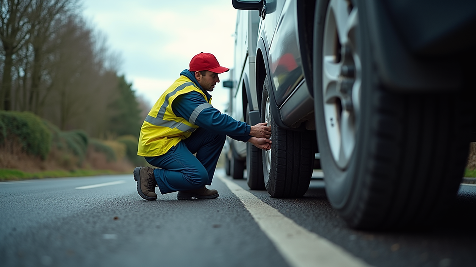 Eye-level view of a mobile tyre technician changing a tyre on a roadside in Liverpool