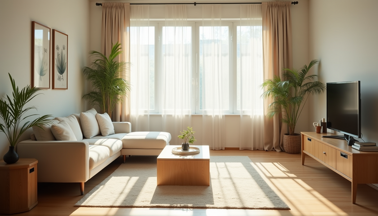 Eye-level view of a clean living room with minimal dust on surfaces