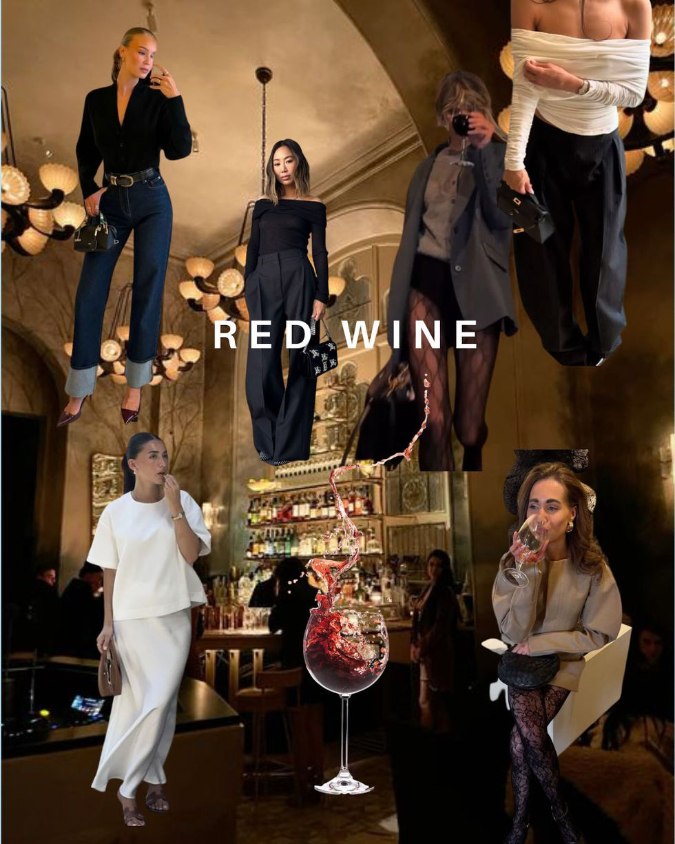 A collage of how to dress like your favorite cocktail: Red Wine