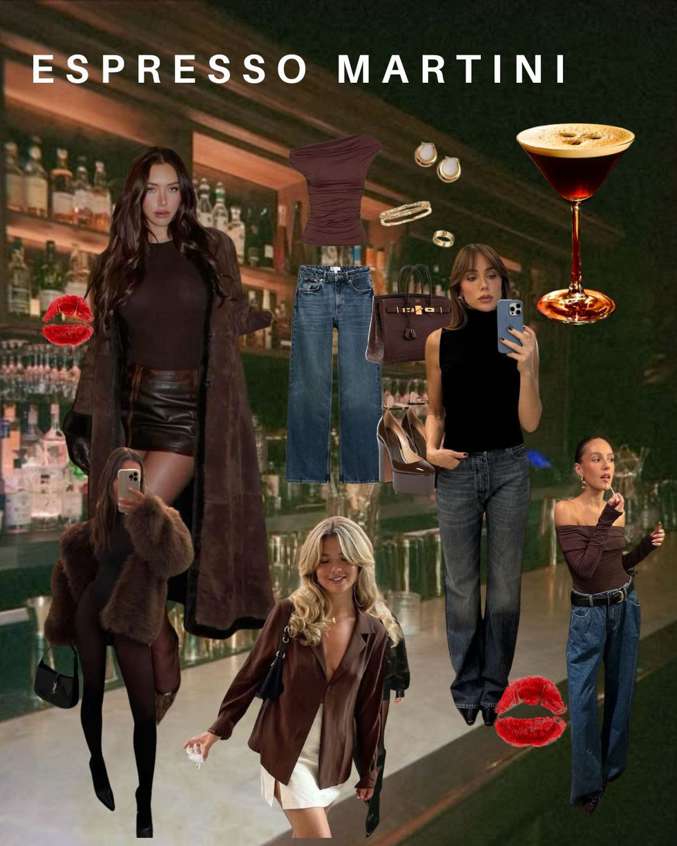 A collage of how to dress like your favorite cocktail: Espresso Martini