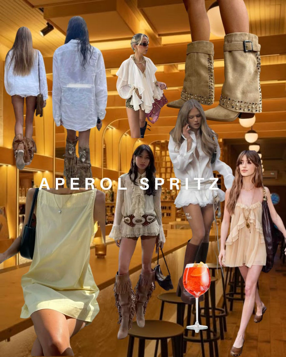 A collage of how to dress like your favorite cocktail: Aperol Spritz