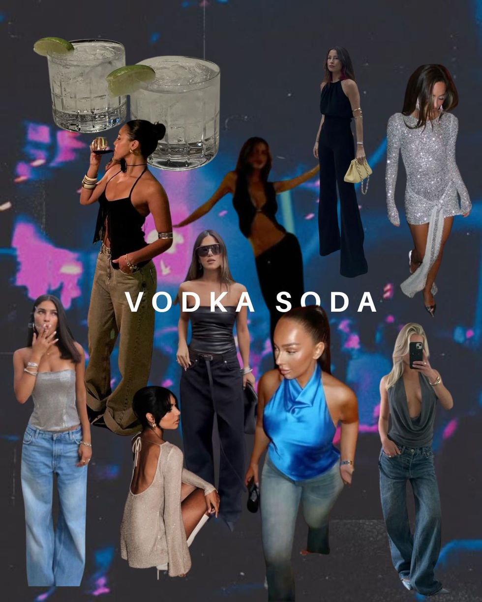 A collage of how to dress like your favorite cocktail: Vodka Soda