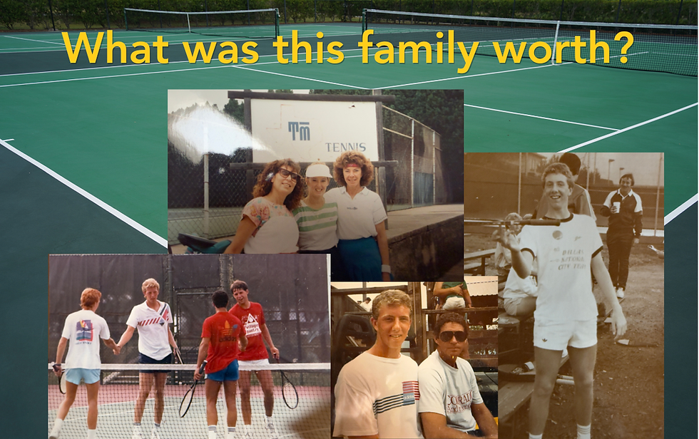 Family collage from T Bar M tennis club in Dallas — Mike Knowles' mom courtside at the club, Mike as a junior player, and Mike with his dad, over a background of tennis courts.