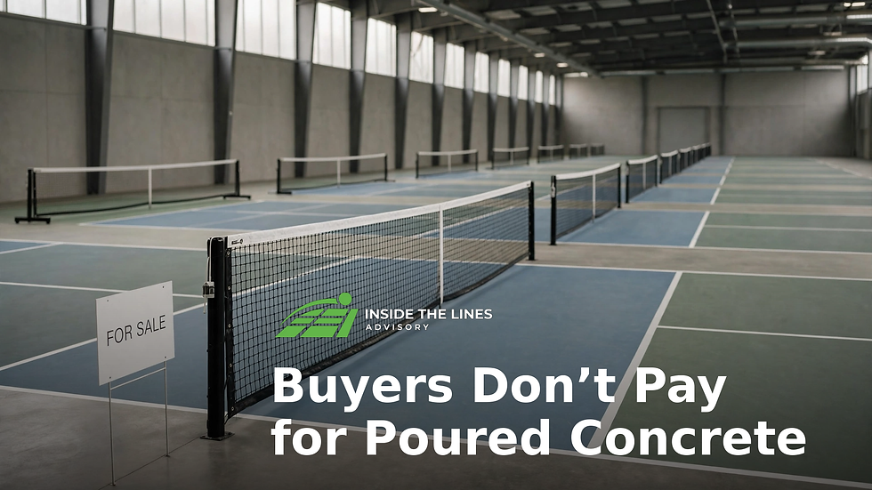 Empty indoor pickleball facility with a For Sale sign by the net. Headline reads "Buyers Don't Pay for Poured Concrete" with the Inside the Lines Advisory logo.