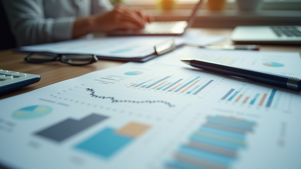 Eye-level view of a financial planner's desk with budgeting tools and charts