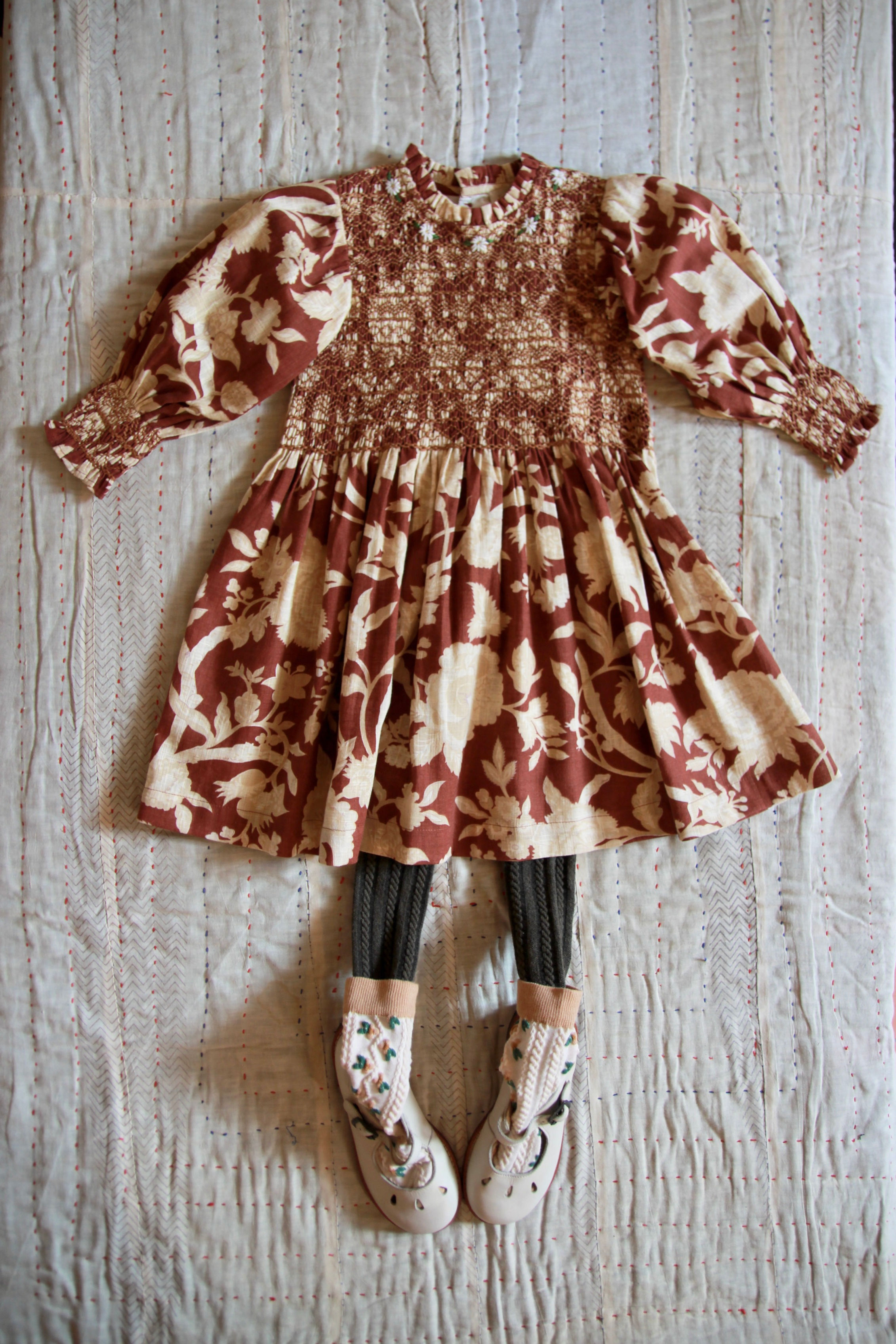 Bonjour Diary Handsmock Dress  (Autumnal Red Brown Print)