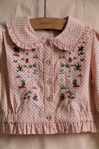 Bonjour Diary Embroidered Shirt (Pink Dot) | Jean + Hadley