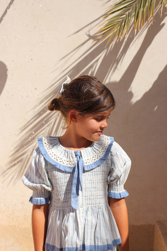 Bonjour Diary Tie Blouse (Blue Mattress Stripes and Dot